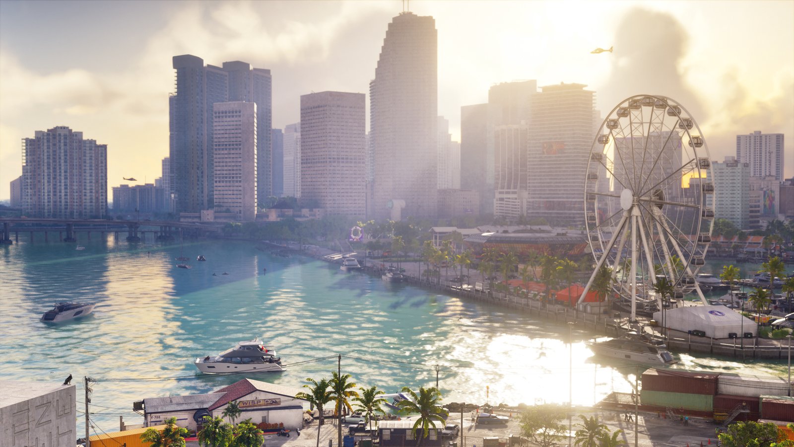 Daytime view across the bay to Vice City's downtown skyscrapers, with boats on the water and a Ferris wheel at a marina, in Grand Theft Auto VI.